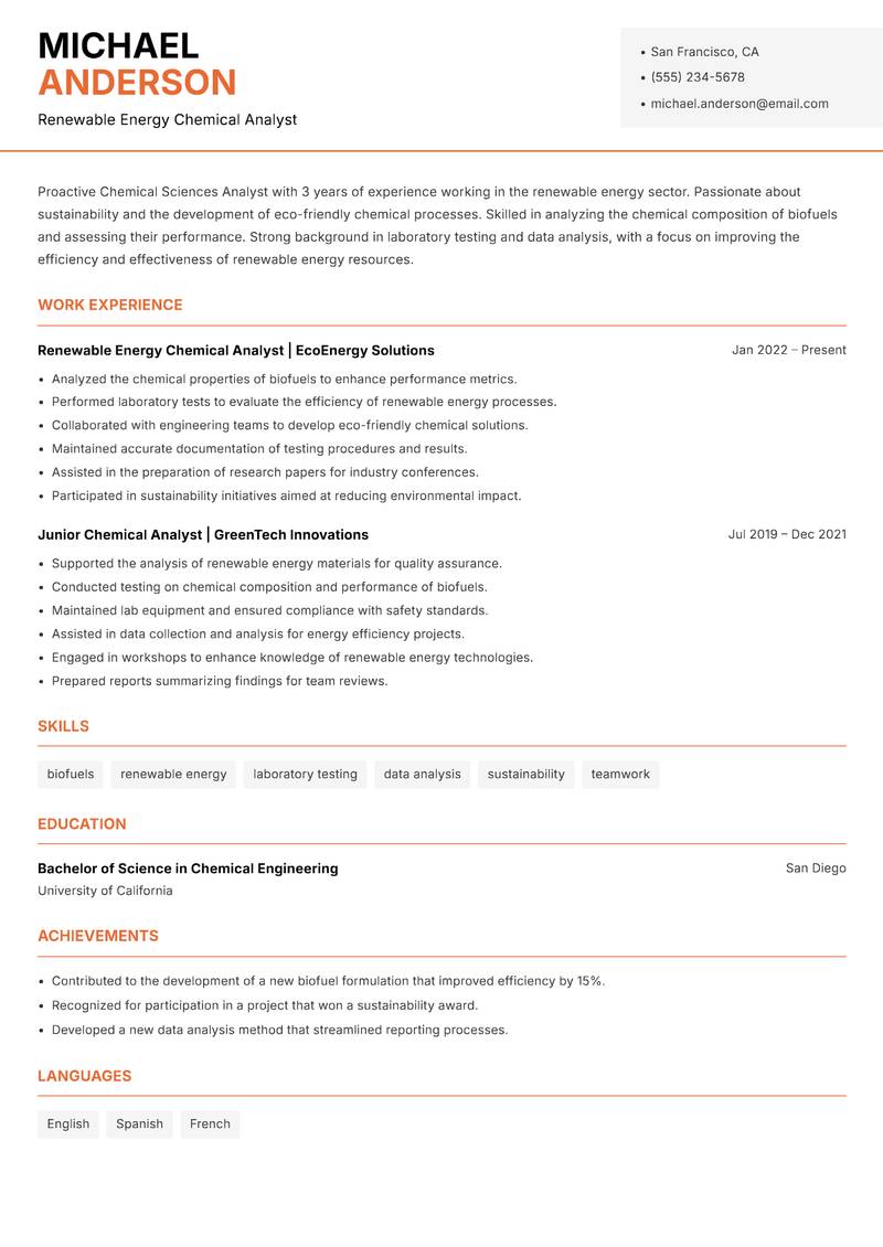 Chemical Sciences Analyst Resume Template