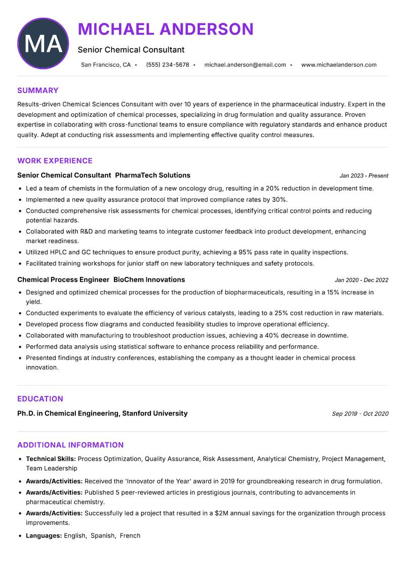 Chemical Sciences Consultant Resume Preview Example