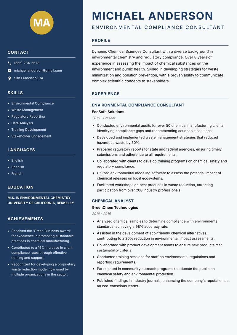 Chemical Sciences Consultant Resume Preview Example