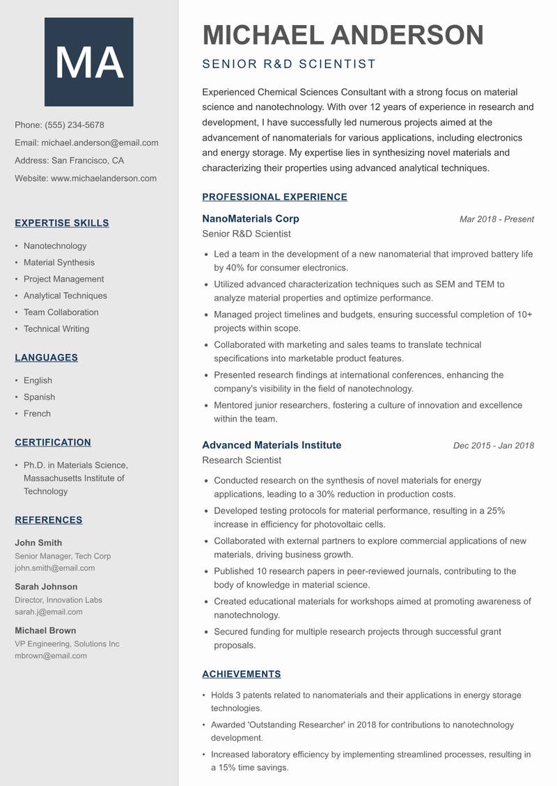 Chemical Sciences Consultant Resume Preview Example