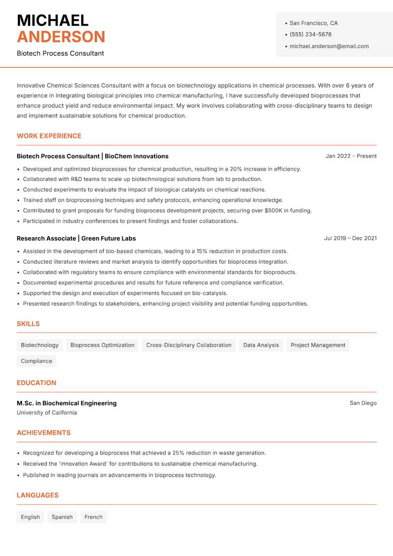 Chemical Sciences Consultant Resume Template