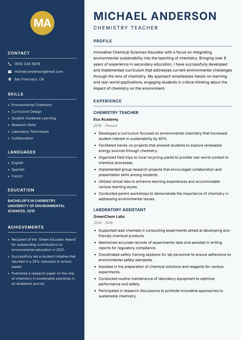 Chemical Sciences Educator Resume Preview Example