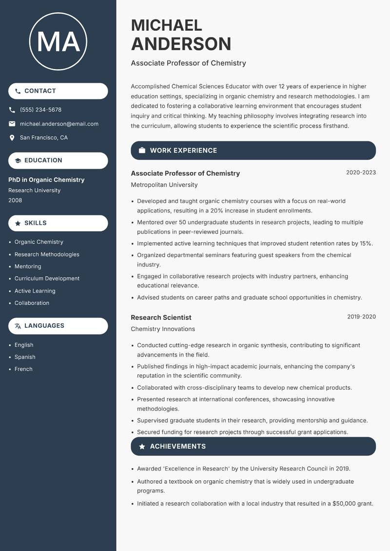 Chemical Sciences Educator Resume Preview Example