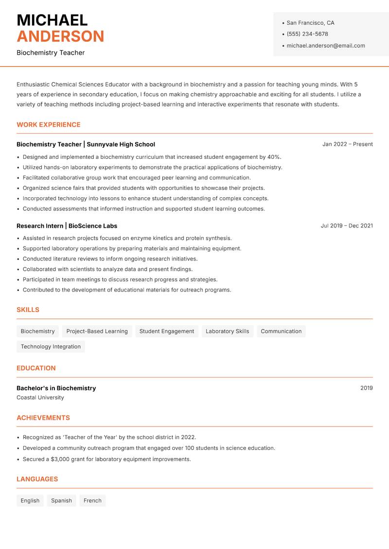 Chemical Sciences Educator Resume Template