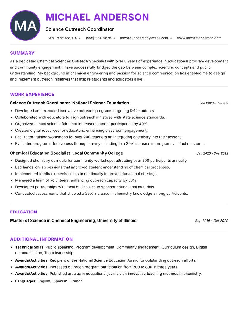 Chemical Sciences Outreach Specialist Resume Preview Example