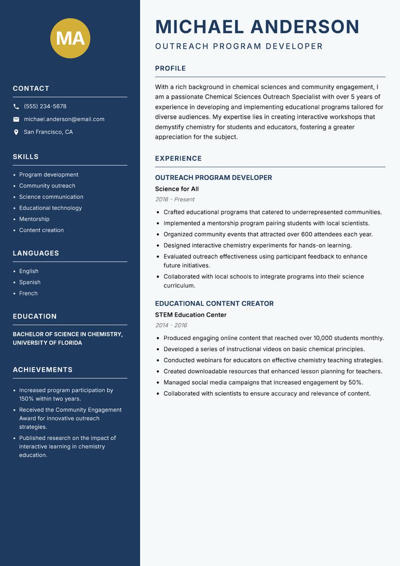 Chemical Sciences Outreach Specialist Resume Preview Example