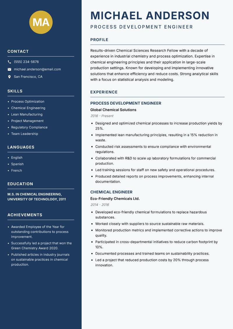 Chemical Sciences Research Fellow Resume Preview Example