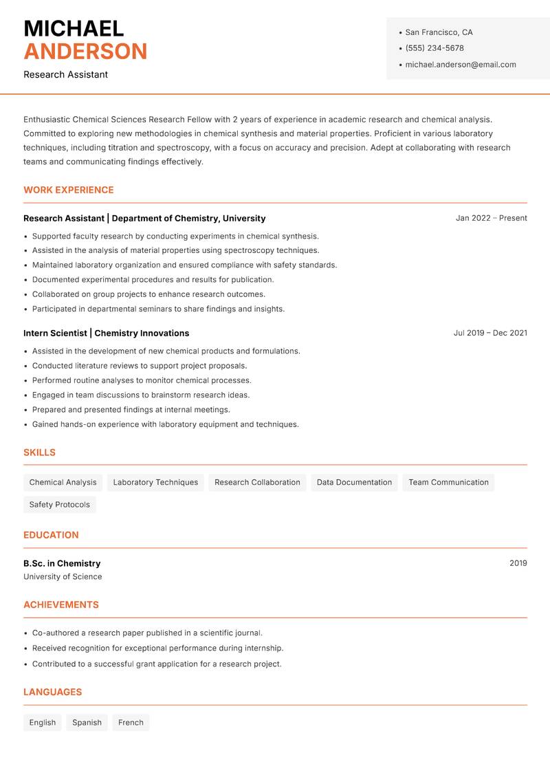 Chemical Sciences Research Fellow Resume Template