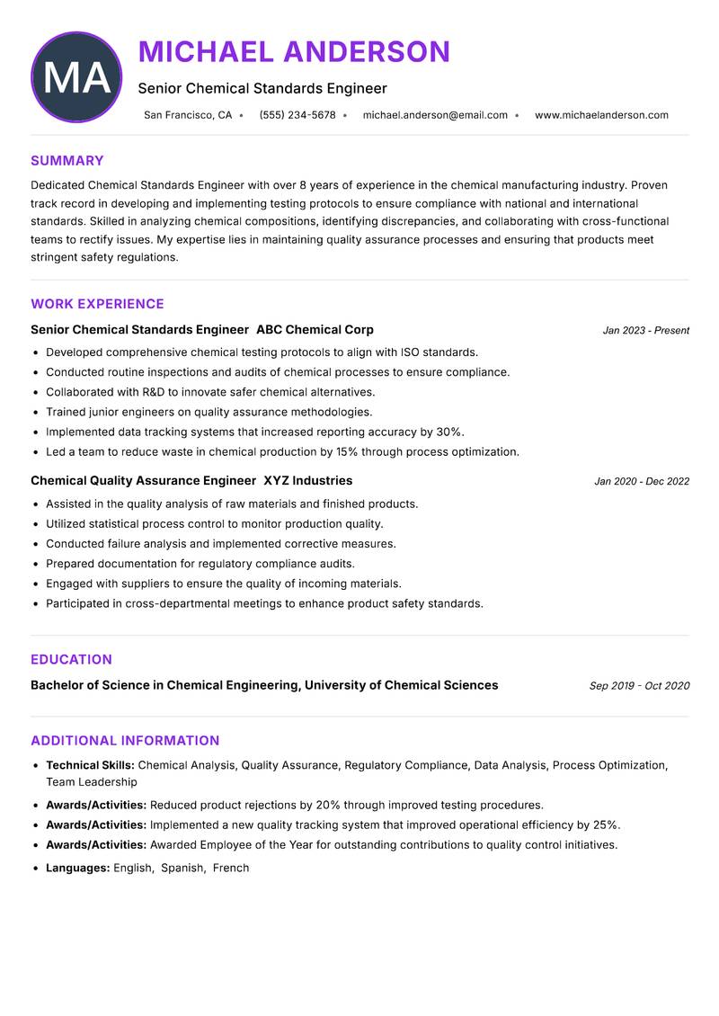 Chemical Standards Engineer Resume Preview Example