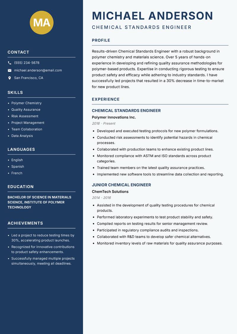 Chemical Standards Engineer Resume Preview Example