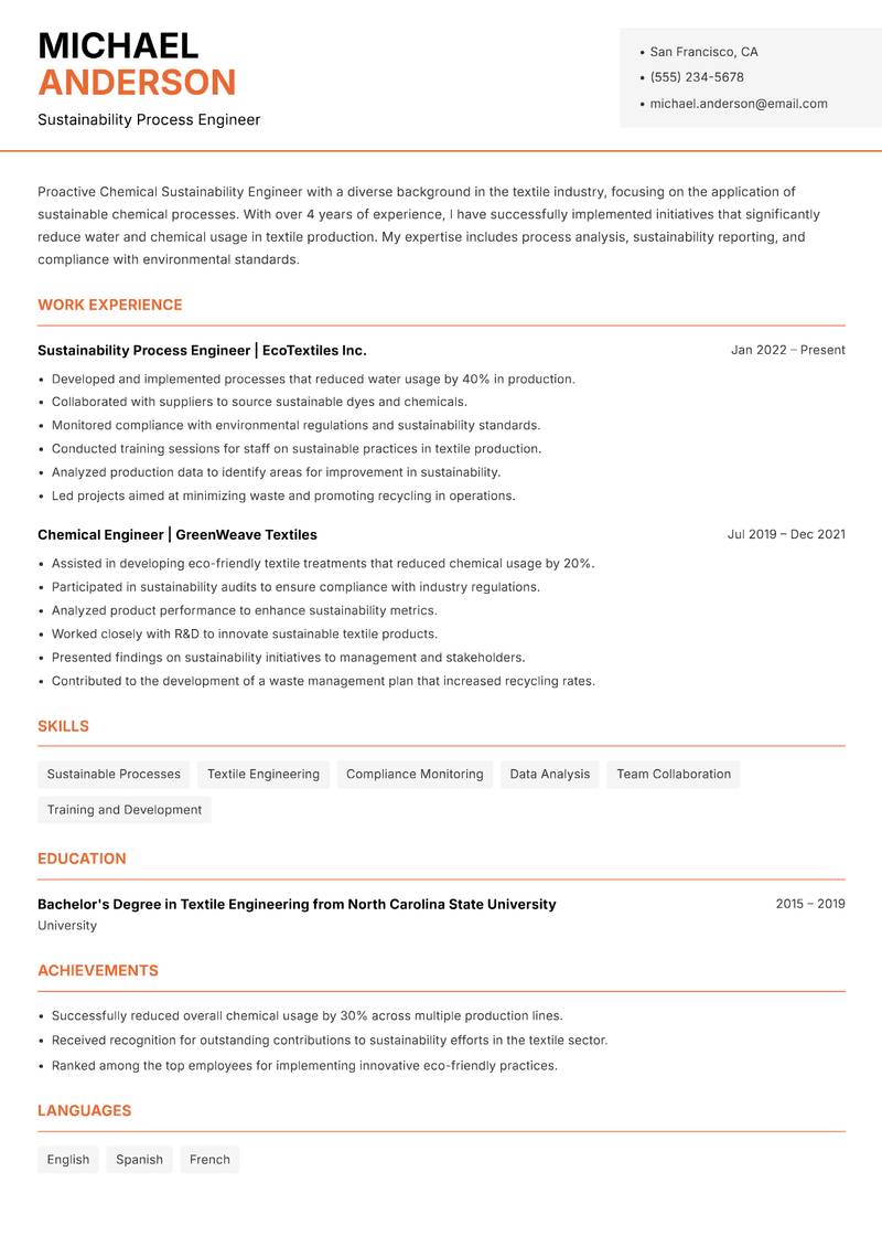 Chemical Sustainability Engineer Resume Template