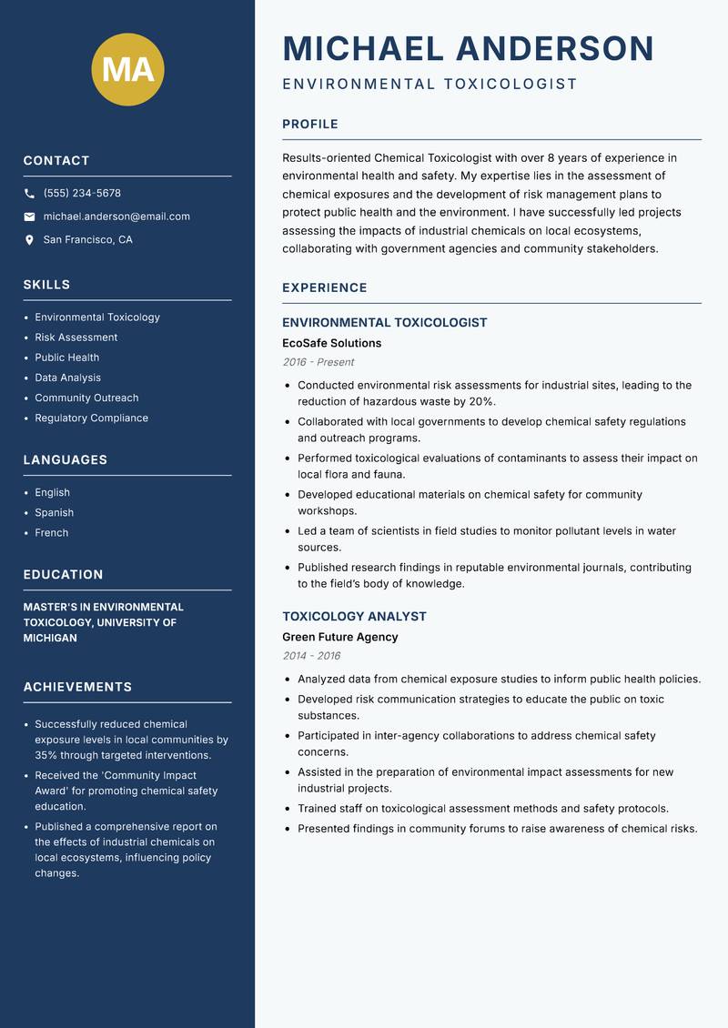 Chemical Toxicologist Resume Preview Example