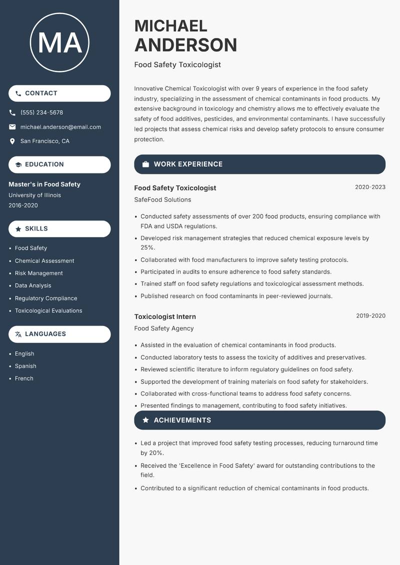 Chemical Toxicologist Resume Preview Example