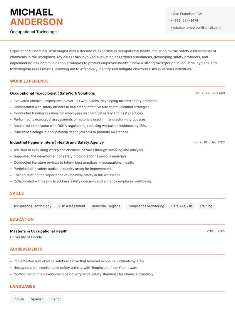 Chemical Toxicologist Resume Template