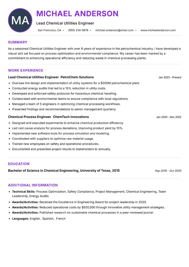 Chemical Utilities Engineer Resume Preview Example