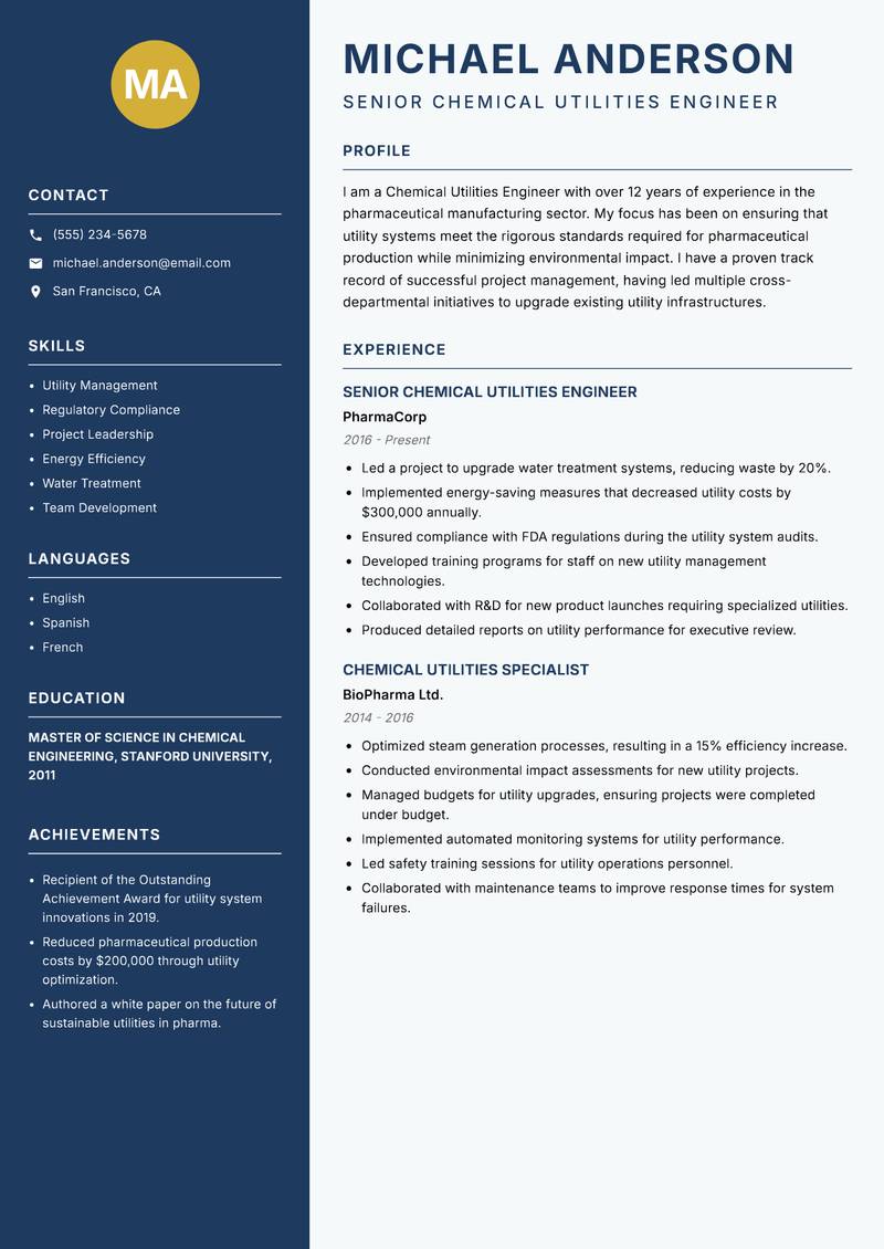 Chemical Utilities Engineer Resume Preview Example