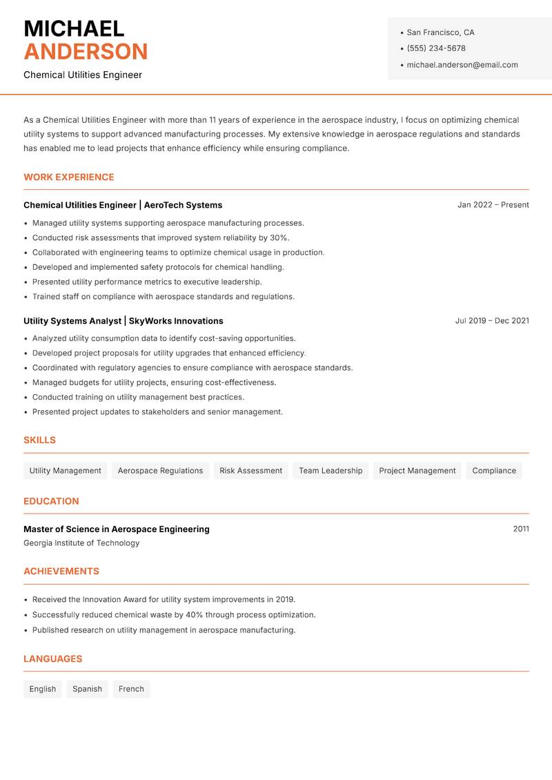 Chemical Utilities Engineer Resume Template