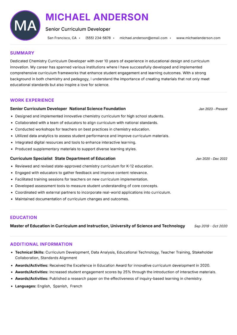 Chemistry Curriculum Developer Resume Preview Example