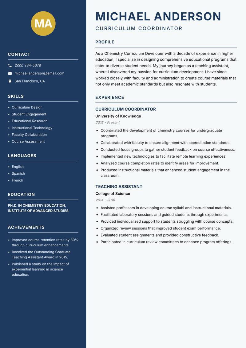 Chemistry Curriculum Developer Resume Preview Example