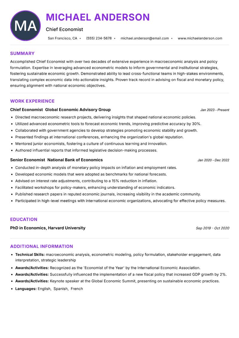 Chief Economist Resume Preview Example