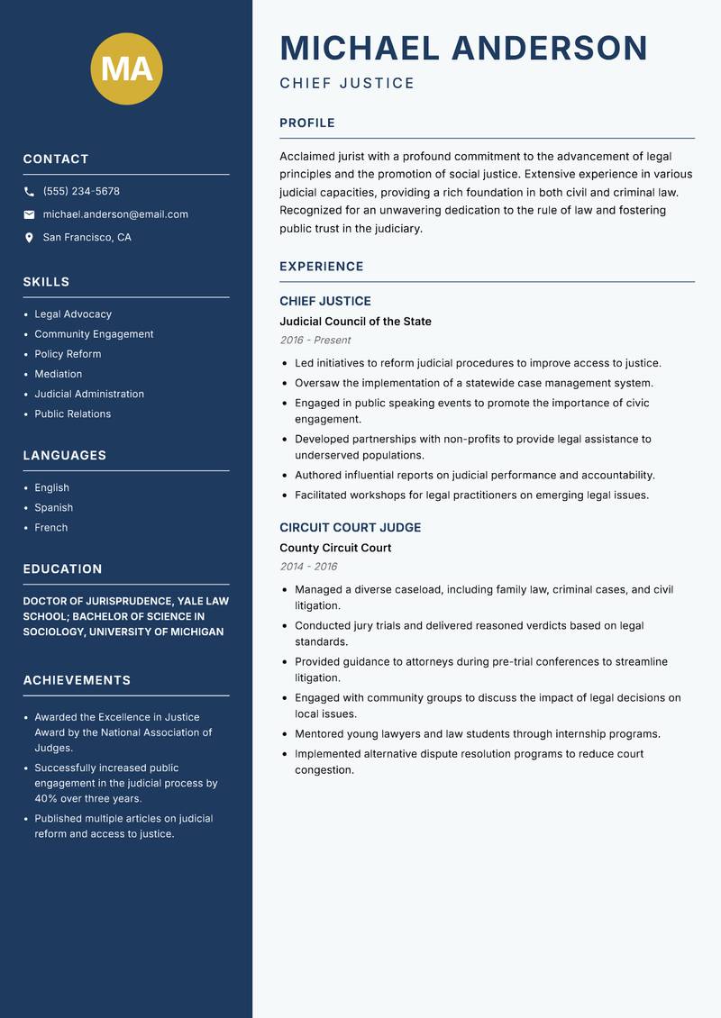 Chief Justice Resume Preview Example