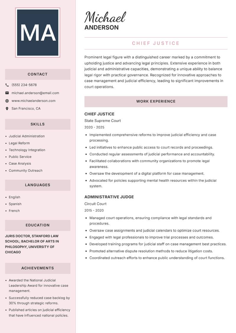 Chief Justice Resume Preview Example