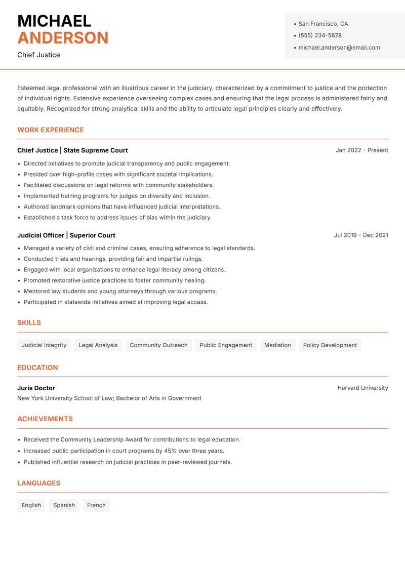 Chief Justice Resume Template