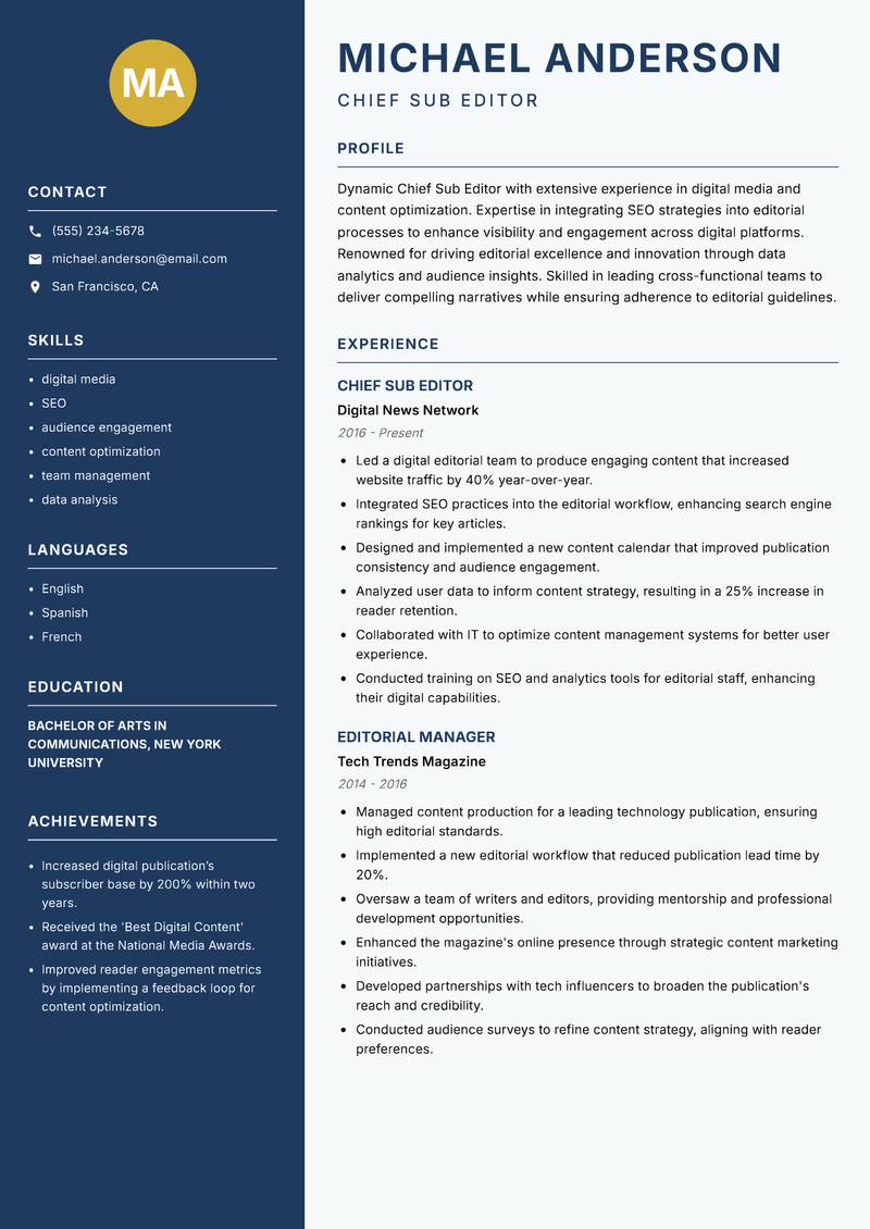 Chief Sub Editor Resume Preview Example