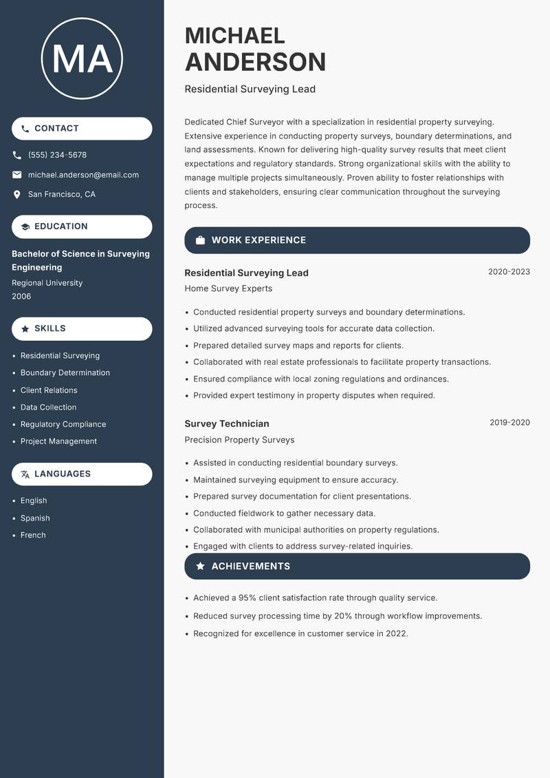Chief Surveyor Resume Preview Example