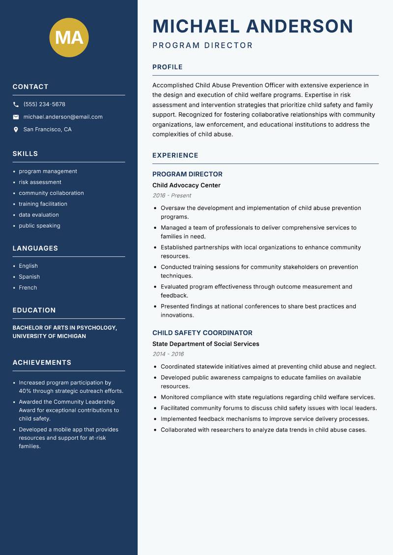Child Abuse Prevention Officer Resume Preview Example