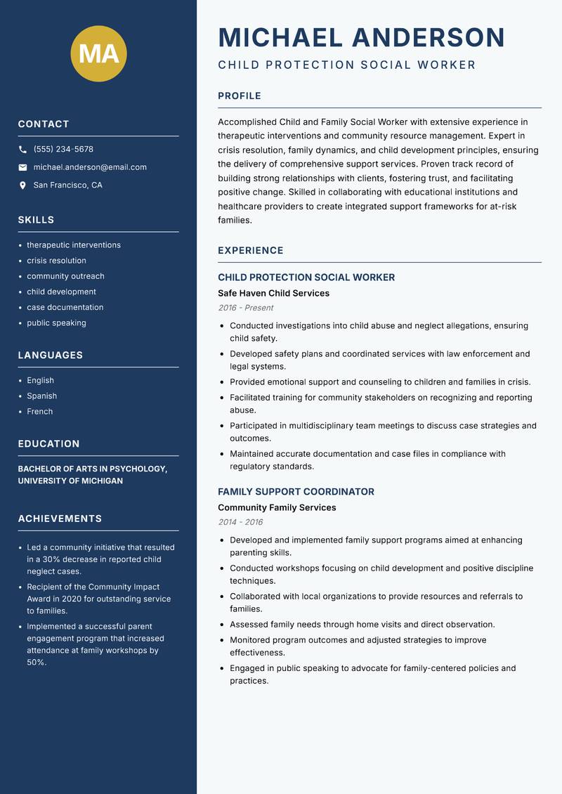 Child and Family Social Worker Resume Preview Example