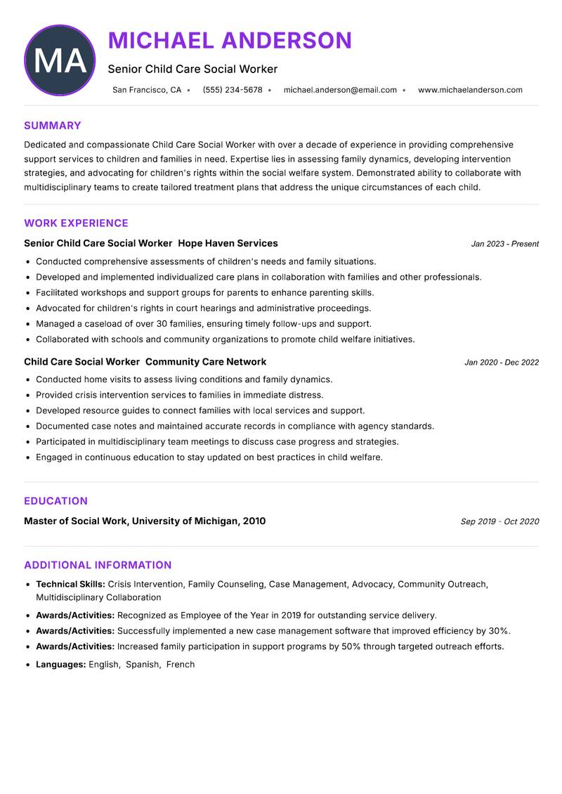 Child Care Social Worker Resume Preview Example