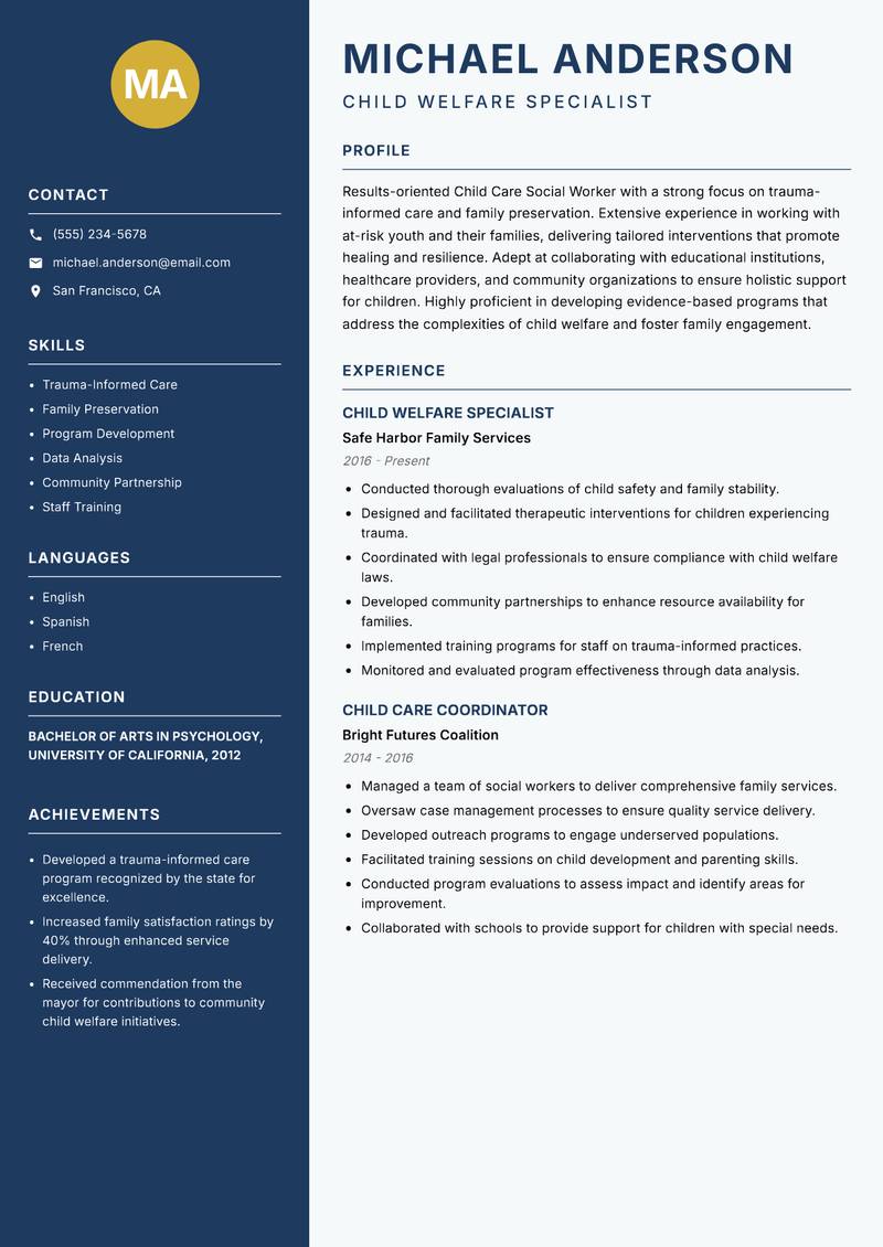 Child Care Social Worker Resume Preview Example