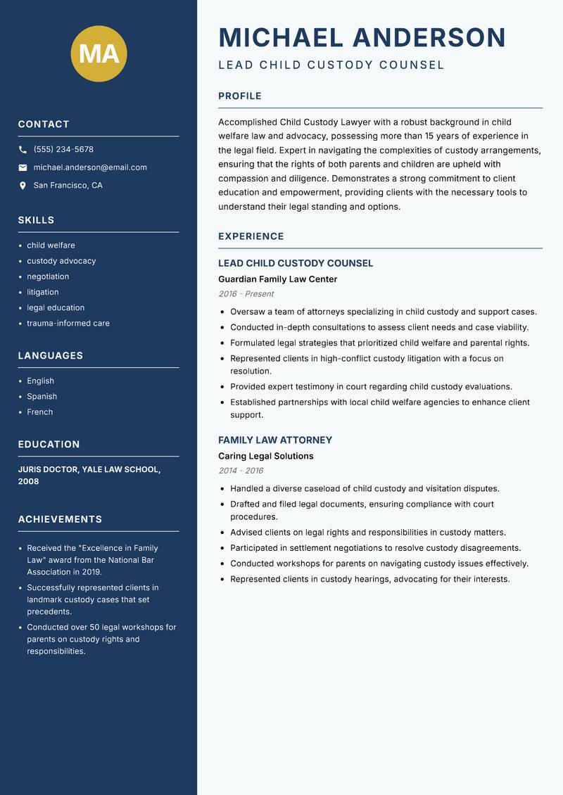 Child Custody Lawyer Resume Preview Example