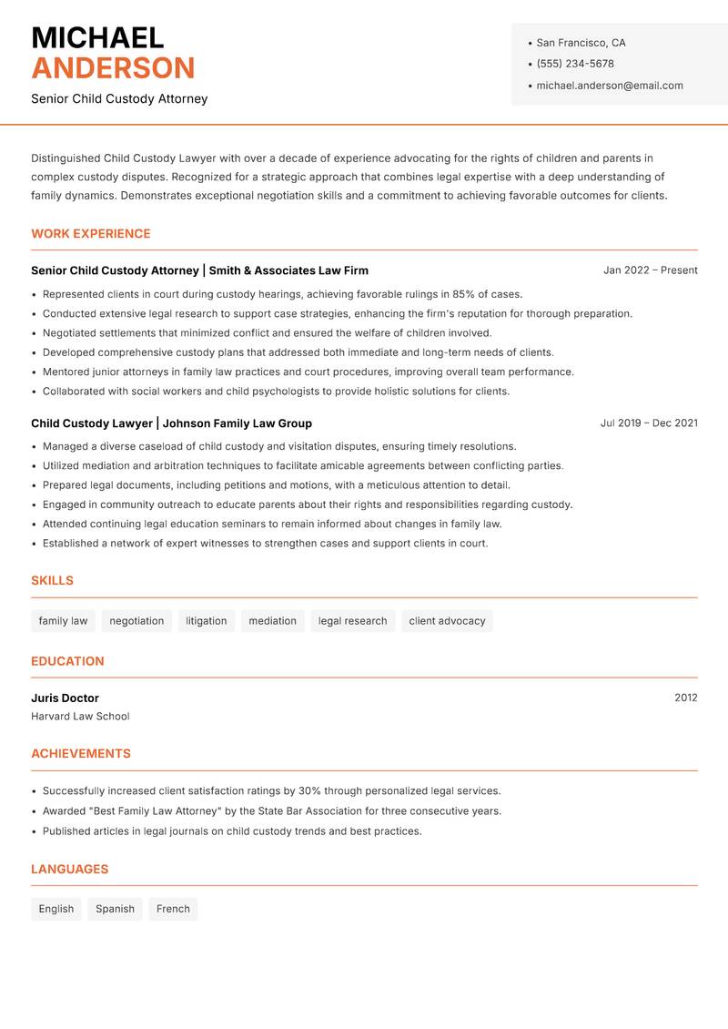 Child Custody Lawyer Resume Template