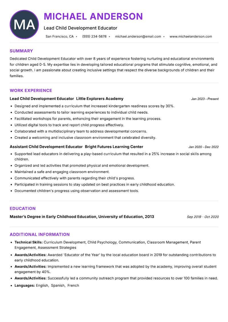 Child Development Educator Resume Preview Example