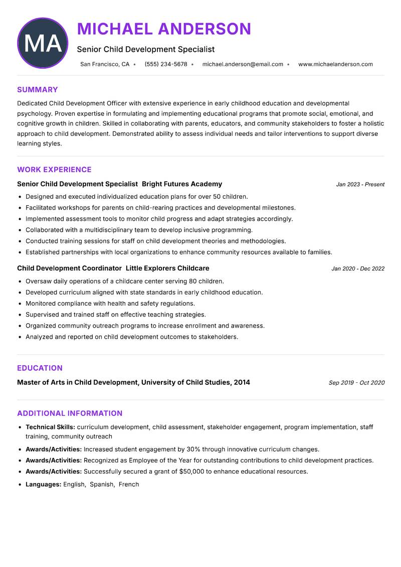 Child Development Officer Resume Preview Example