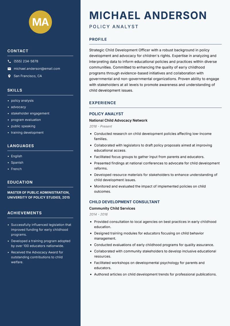 Child Development Officer Resume Preview Example