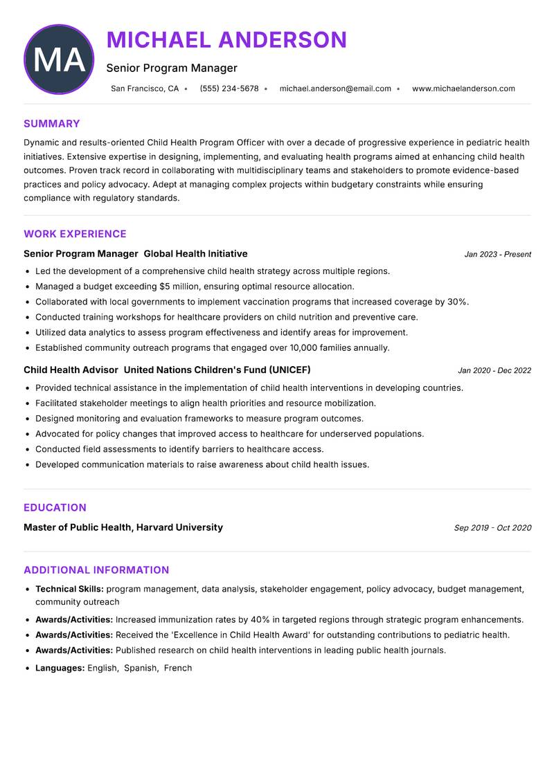 Child Health Program Officer Resume Preview Example