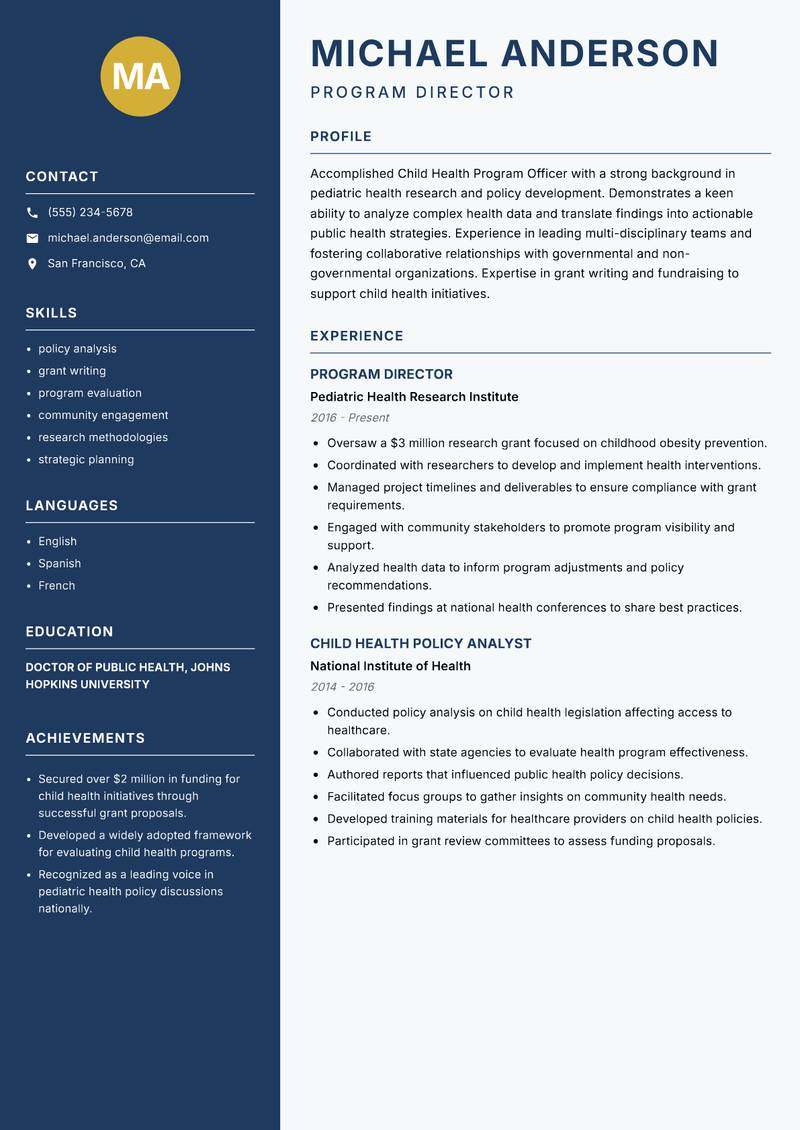 Child Health Program Officer Resume Preview Example
