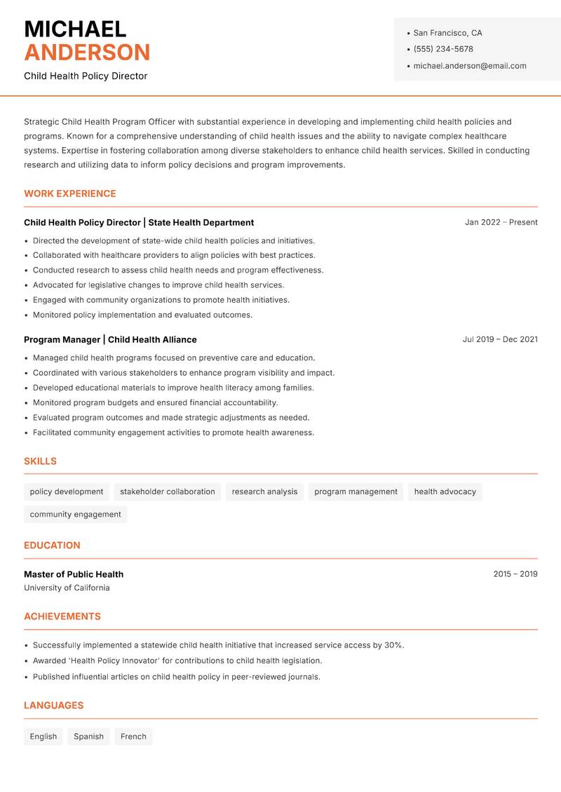 Child Health Program Officer Resume Template