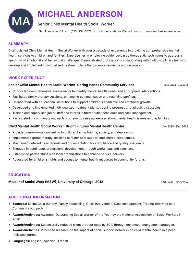 Child Mental Health Social Worker Resume Preview Example