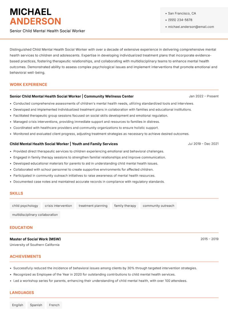 Child Mental Health Social Worker Resume Template