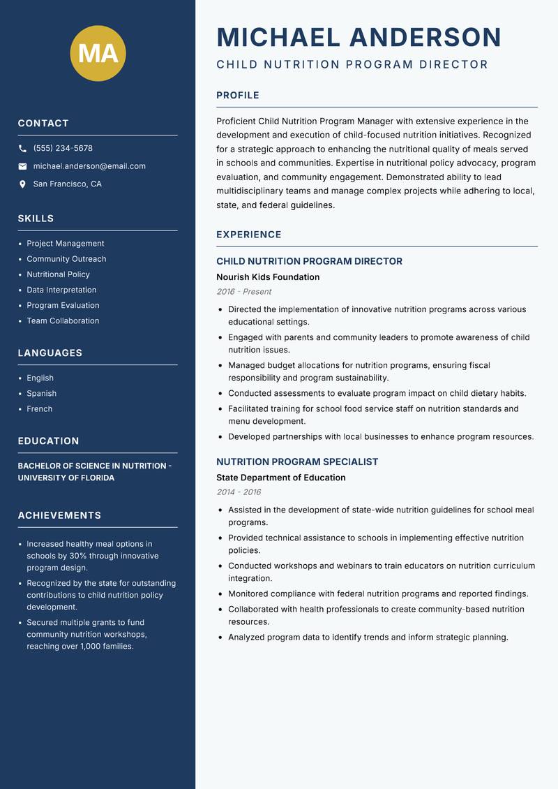 Child Nutrition Program Manager Resume Preview Example