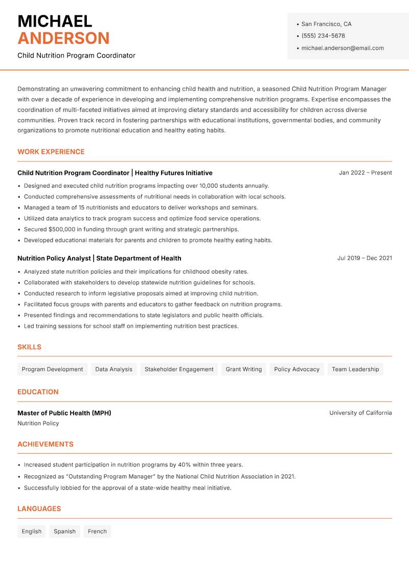 Child Nutrition Program Manager Resume Template