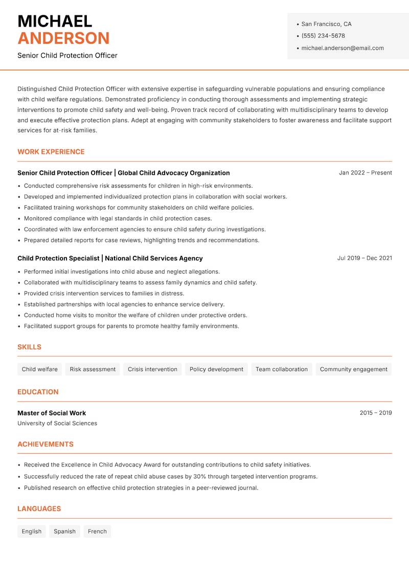 Child Protection Officer Resume Template