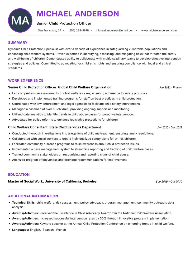 Child Protection Specialist Resume Preview Example