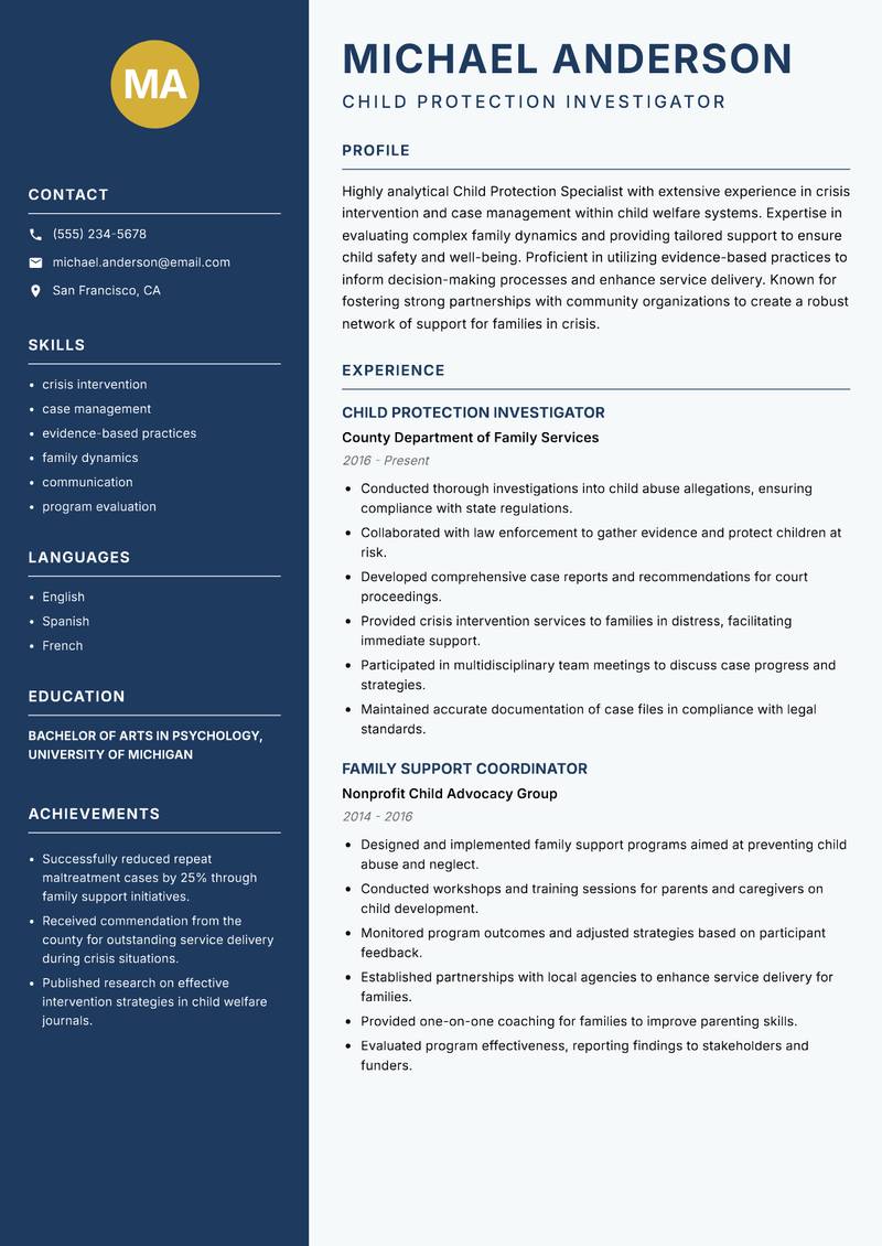 Child Protection Specialist Resume Preview Example