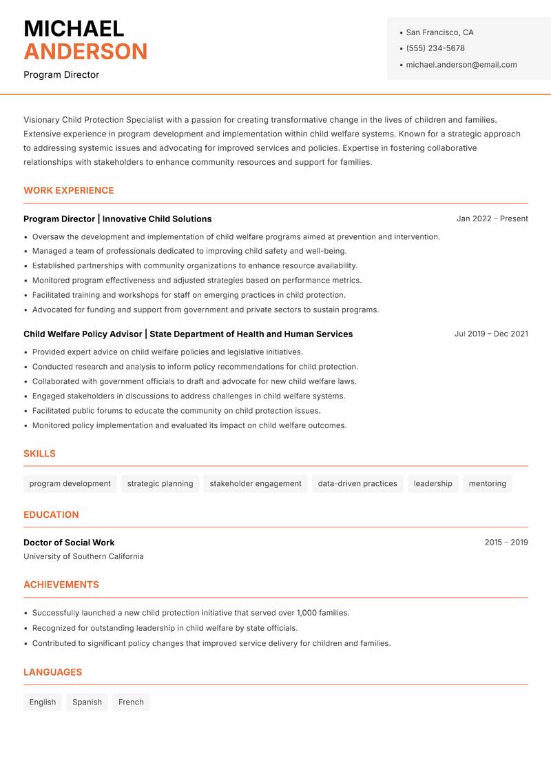 Child Protection Specialist Resume Template