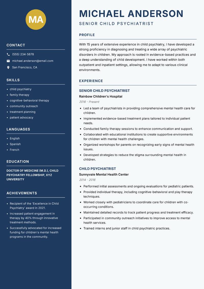 Child Psychiatrist Resume Preview Example